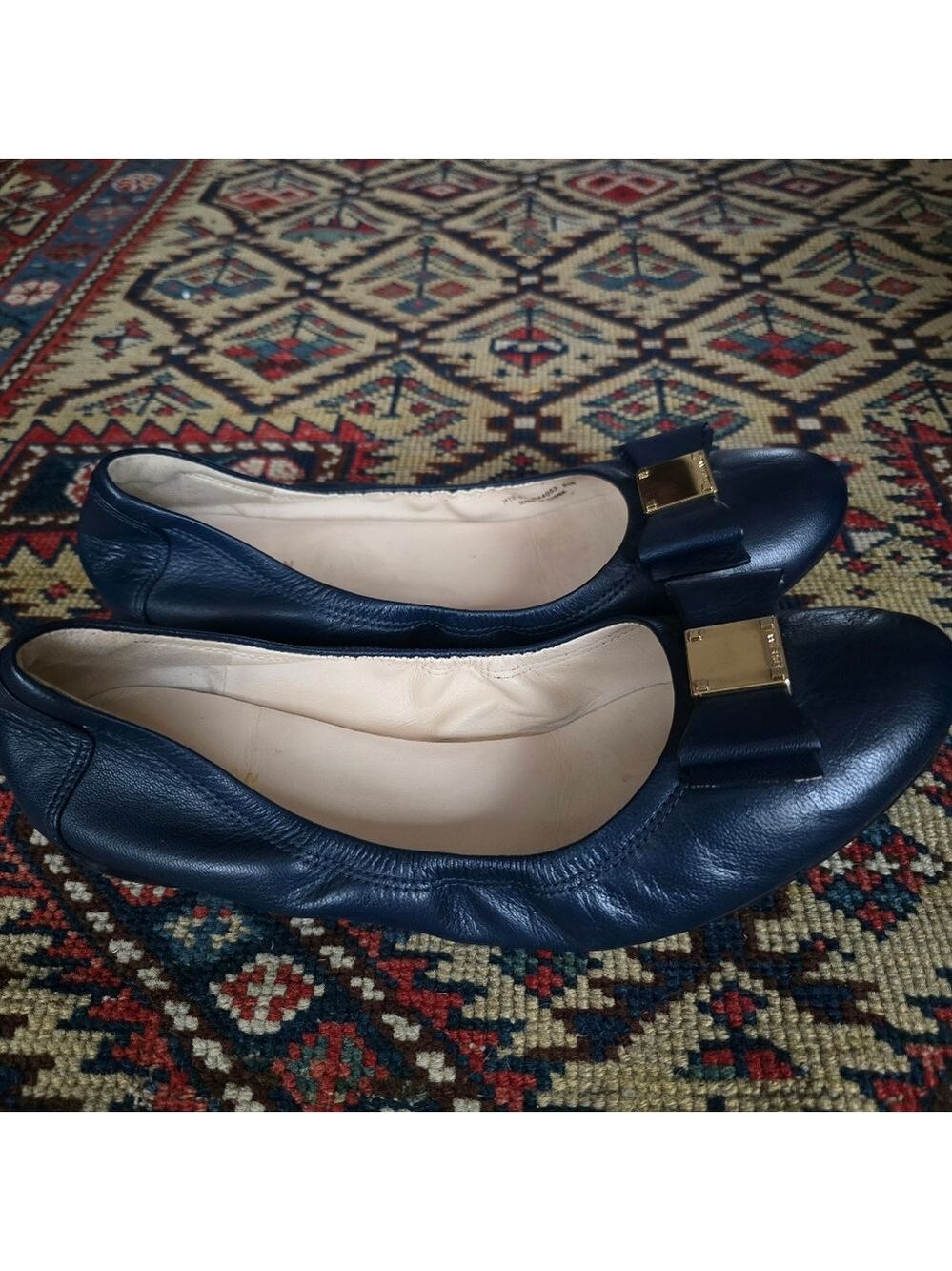 Cole Haan Emory Navy Leather Bow Gold Logo Ballet Flats - Picture 9 of 14